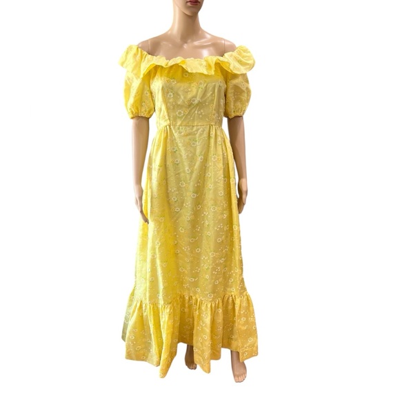 Vtg Handmade 70's canary yellow flocked daisies Prairie Dress-M